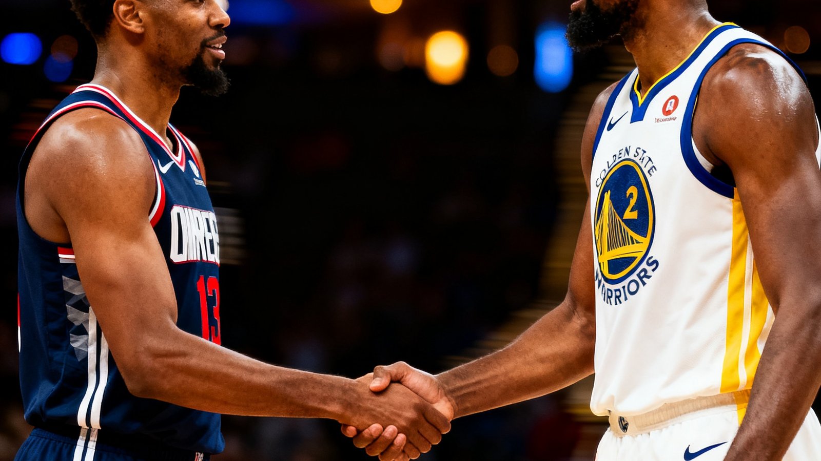 两名NBA球员在赛场上握手的画面，暗示可能的球队交易动向